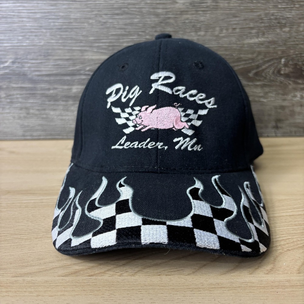 Pig Races Hat Cap Strap Back Black Checkered Flames Racing Mens Leader MN
